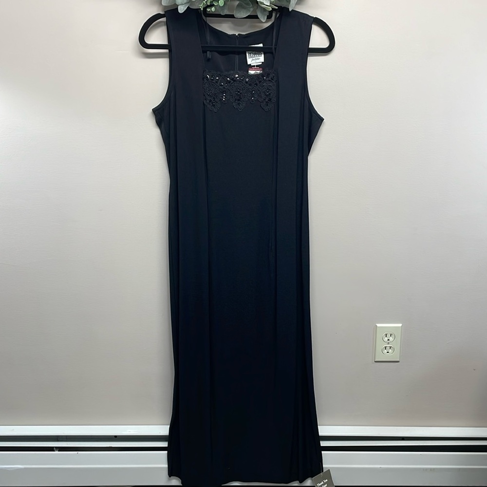 R&M Richards Black Sleeveless Maxi Dress with Lace Detail